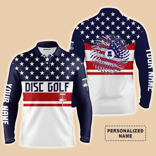 Custom Golf Long Sleeve Men Polo Shirt - Custom Name American Flag Patriot Apparel Men Polo Shirt For Men, Disc Golf Lover