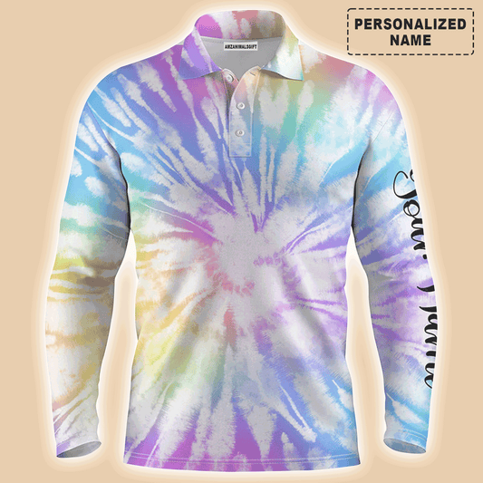 Custom Golf Long Sleeve Men Polo Shirt, Custom Name Watercolor Tie Dye Background Apparel - Perfect Gift For Men, Golf Lover