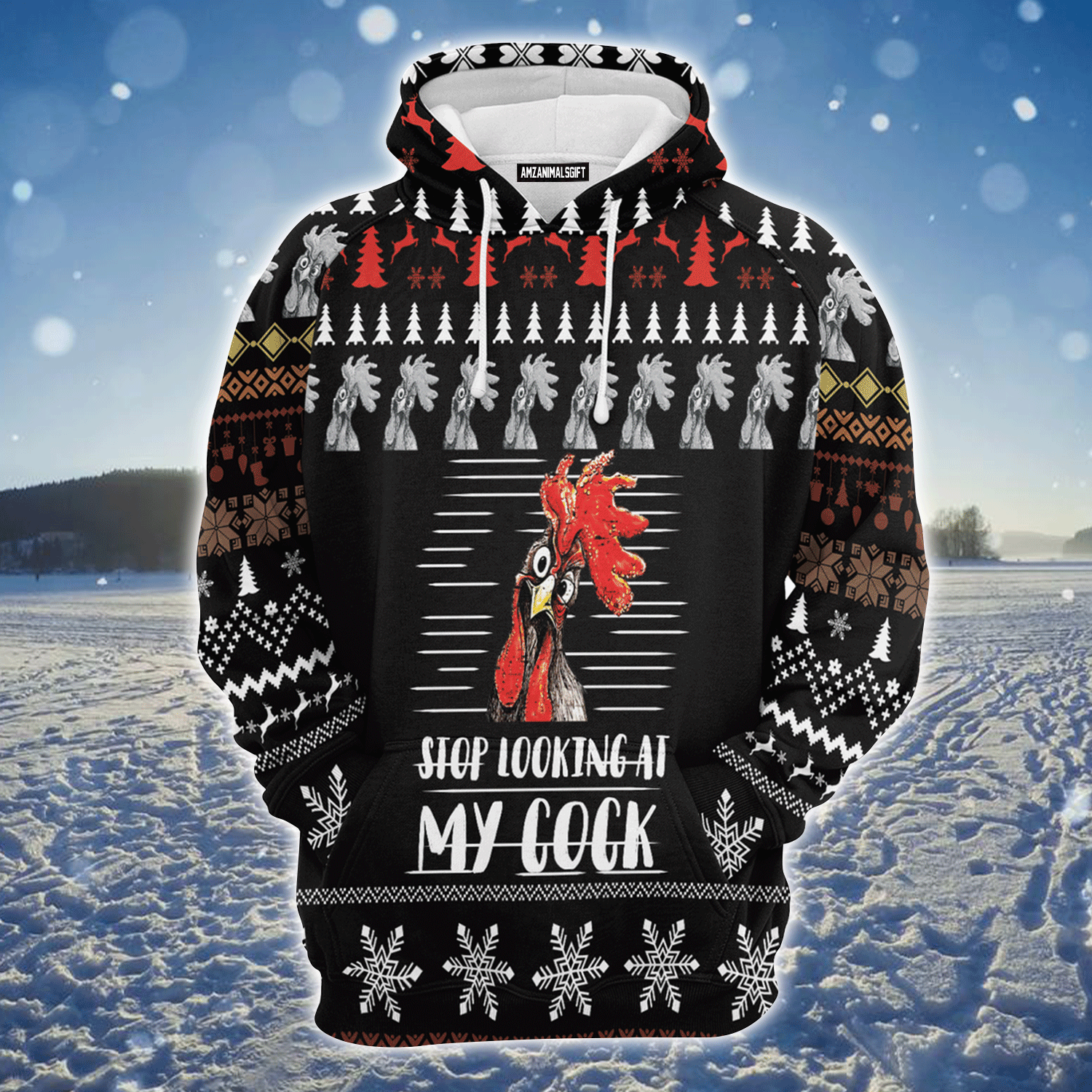 Chicken Premium Christmas Hoodie, Chicken Stop Looking At My Cock Unisex Hoodie For Men & Women - Perfect Gift For Christmas, Friends, Family