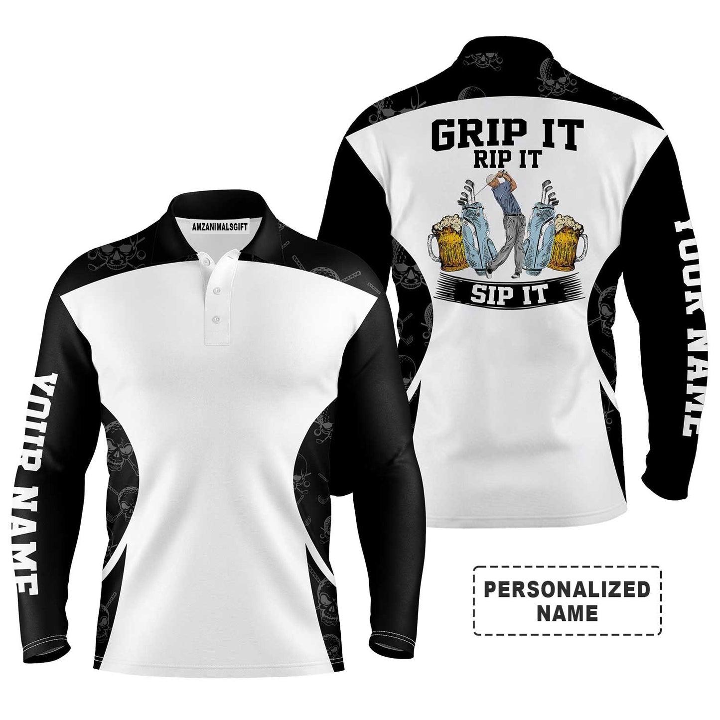 Custom Golf Long Sleeve Men Polo Shirt - Beer And Golf Men Polo Shirt, Grip It Rip It Sip It Men Polo Shirt - Perfect Polo Shirt For Men, Golfers