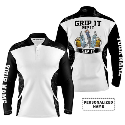 Custom Golf Long Sleeve Men Polo Shirt - Beer And Golf Men Polo Shirt, Grip It Rip It Sip It Men Polo Shirt - Perfect Polo Shirt For Men, Golfers