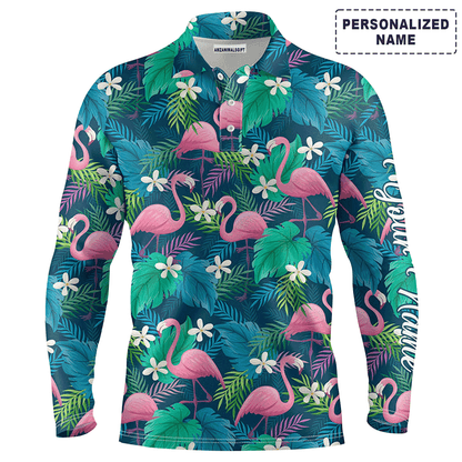 Custom Golf Long Sleeve Men Polo Shirt - Custom Name Colorful Flamingo Green Tropical Leaf Pattern Apparel - Personalized Gift For Men, Golf Lover