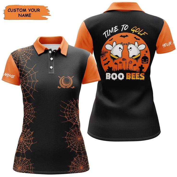 Customized Name Golf Women Polo Shirts, Black Orange Halloween Personalized Time To Golf Boo Bees Shirts - Perfect Gift For Golfers, Golf Lovers
