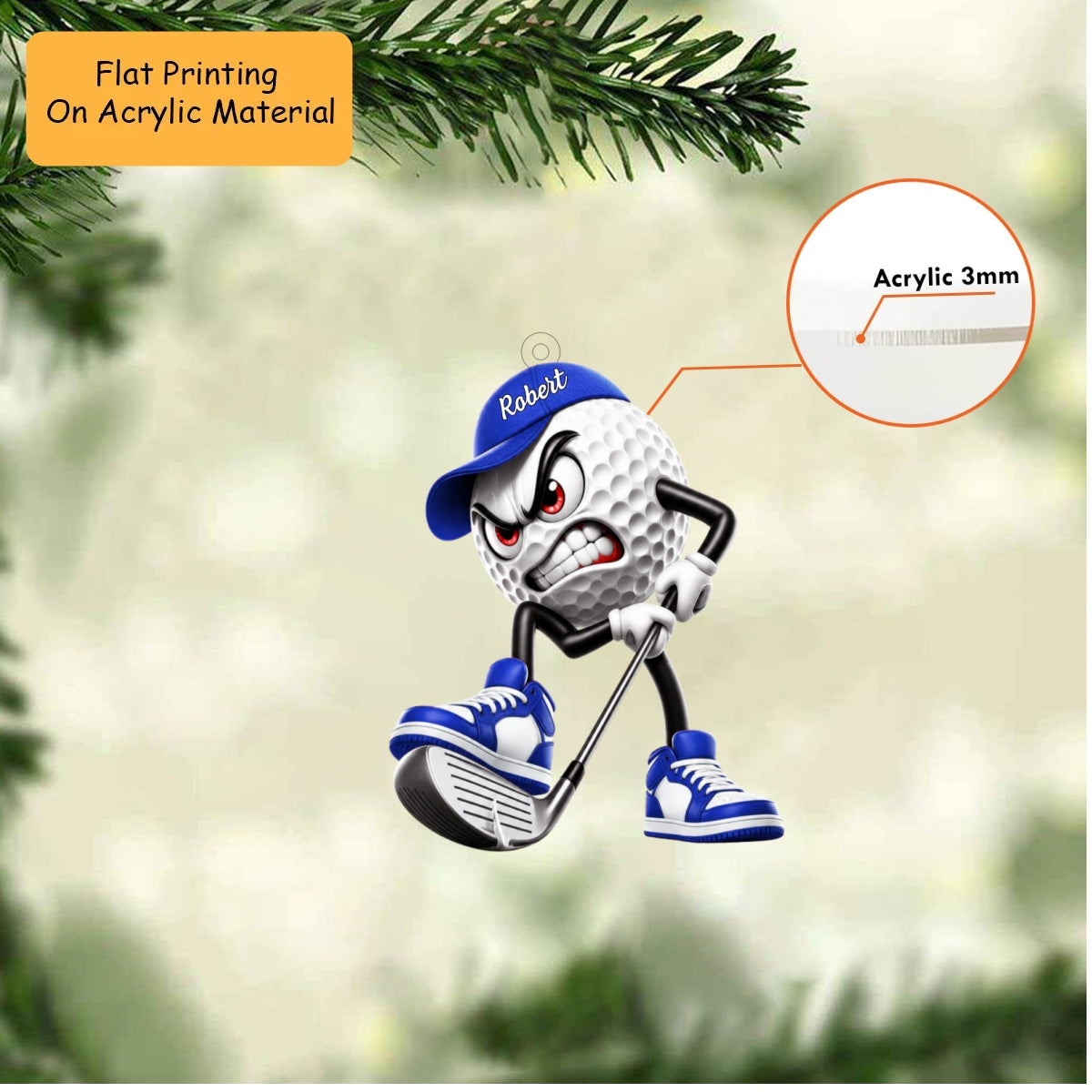 Personalized Golf Christmas Ornament, Angry Mascot Stomping Club Cap, Custom Ornament Christmas Gift, Keychain Golf, Car Ornament Golf