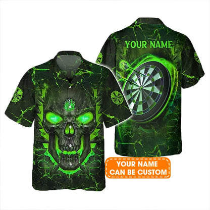 Customized Darts Aloha Hawaiian Shirt, Flame Green Skull Dartboard Personalized Name Hawaiian Shirt For Men & Women, Darts Lover