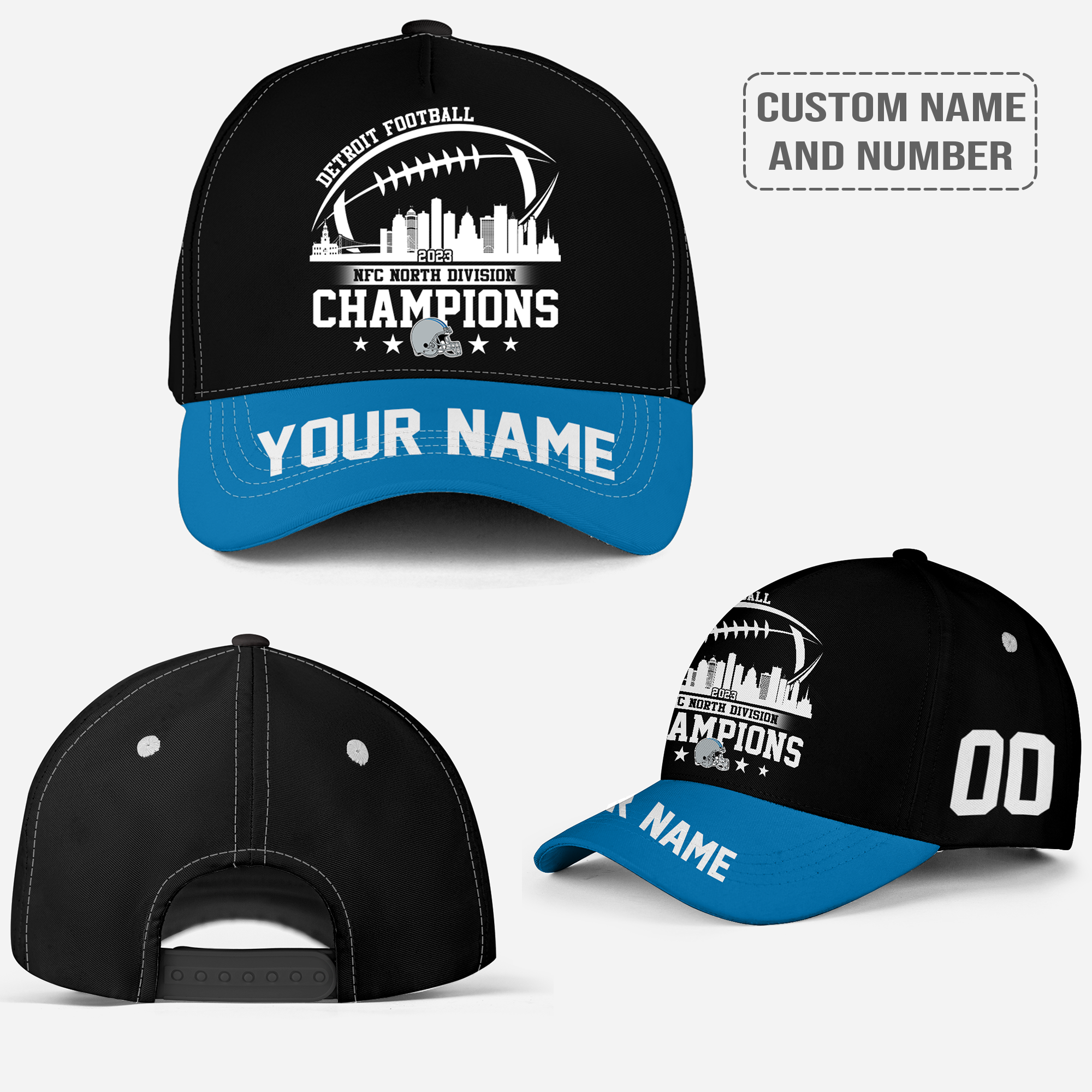 Detroit Football 2023 NFC North Division Skyline Champions Classic Cap Custom Name Number, Detroit Football Gear For Detroit Football Fan