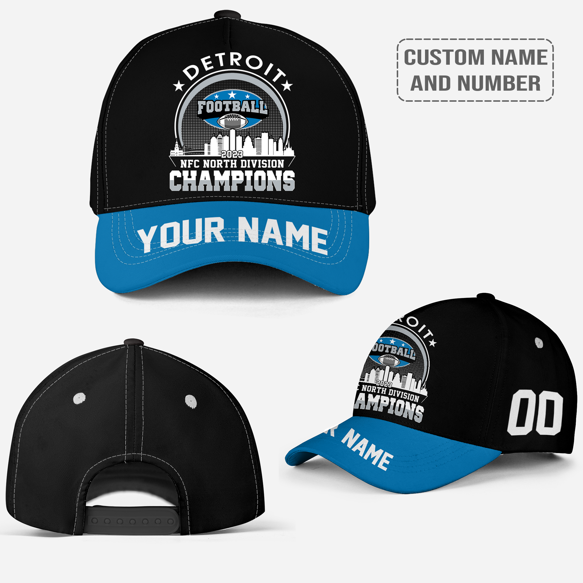 Detroit Football 2023 NFC North Division Skyline Champions Classic Cap Custom Name and Number, Champions Cap For Detroit Football Fan