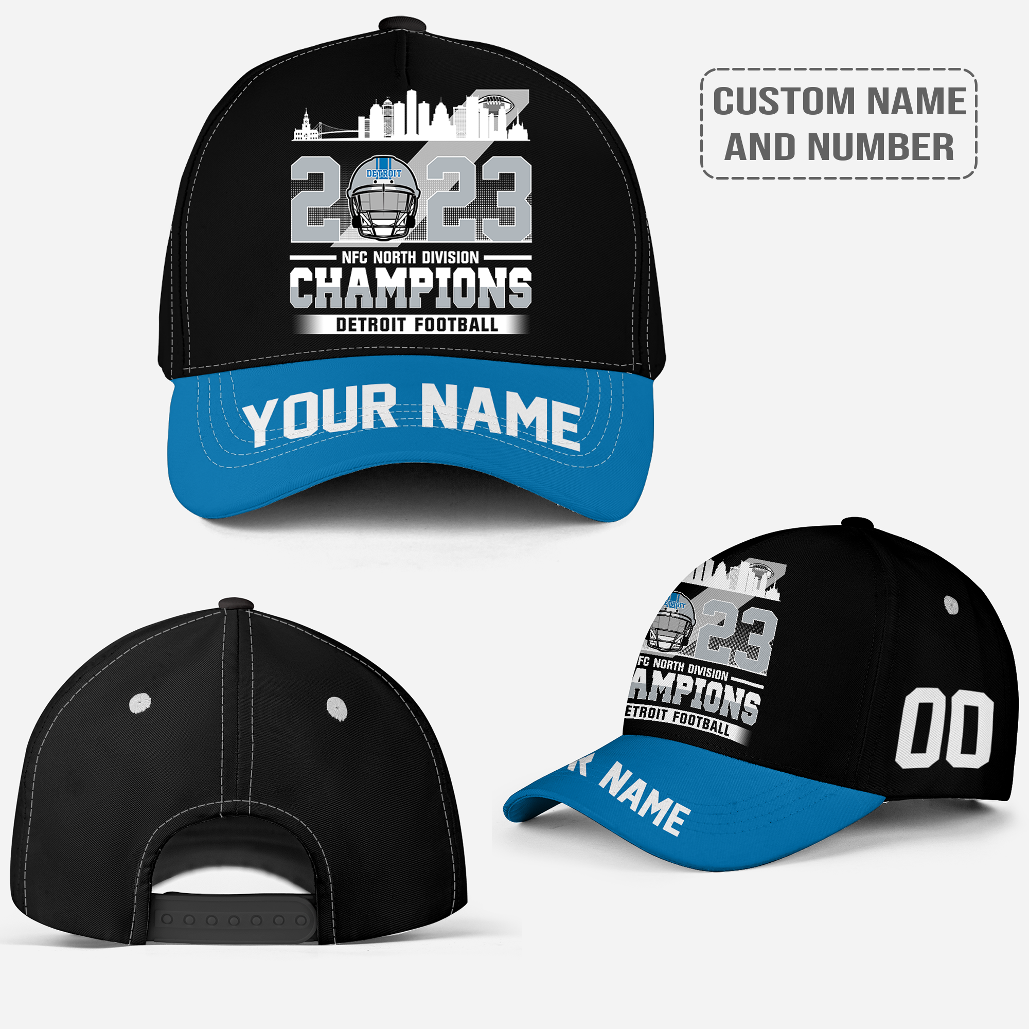 Detroit Football 2023 NFC North Division Champions Classic Cap Custom Name and Number, Champions Cap For Detroit Football Fan