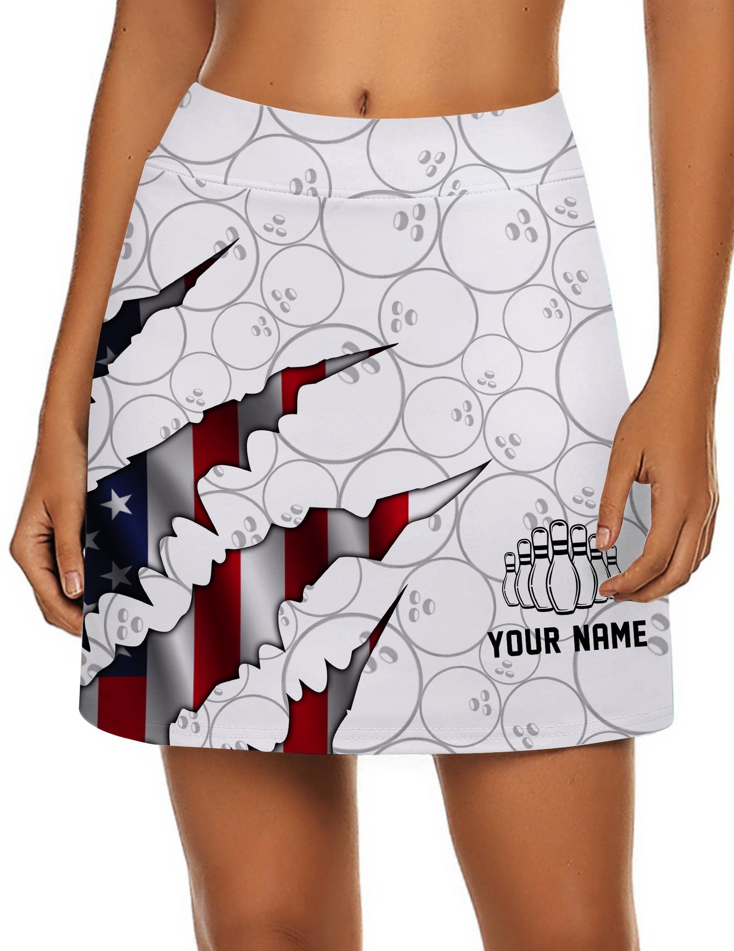 Customized Bowling Trouser Skirts With Shorts Underneath, Bowling American Flag Scratches Skorts With Pockets