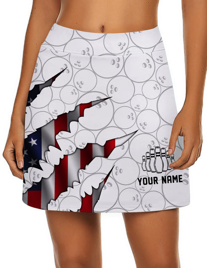 Customized Bowling Trouser Skirts With Shorts Underneath, Bowling American Flag Scratches Skorts With Pockets