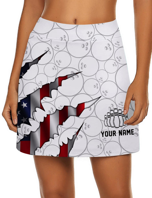 Customized Bowling Trouser Skirts With Shorts Underneath, Bowling American Flag Scratches Skorts With Pockets