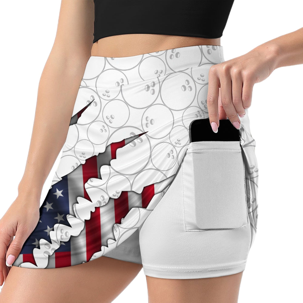 Customized Bowling Trouser Skirts With Shorts Underneath, Bowling American Flag Scratches Skorts With Pockets