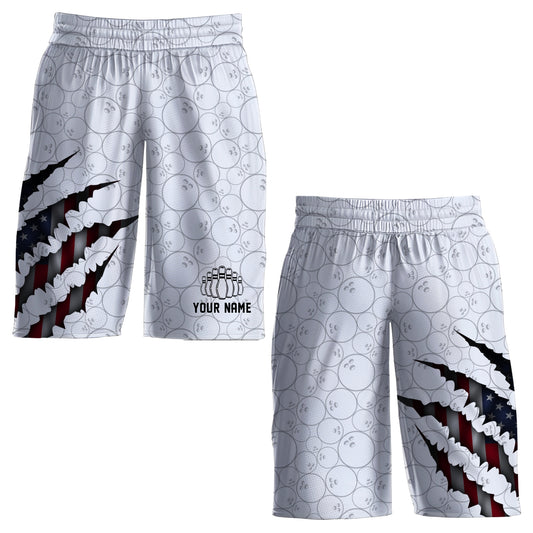 Personalized Bowling American Flag Scratches Shorts, Custom Name Bowling Shorts For Bowlers