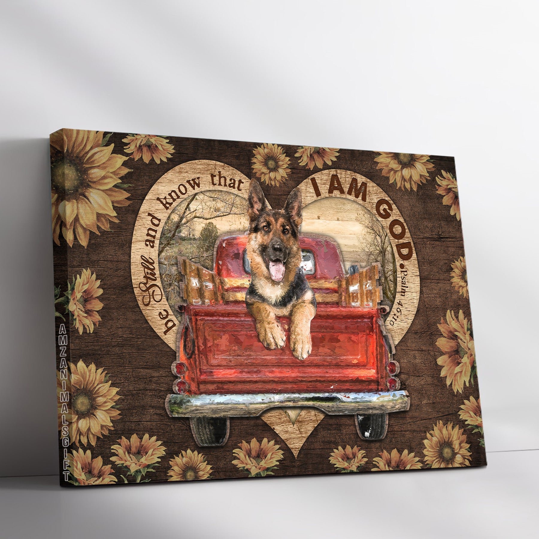 German Shepherd & Jesus Premium Wrapped Landscape Canvas - German shepherd, Red truck, Sunflower, Be still and know that I am God - Gift For Christian