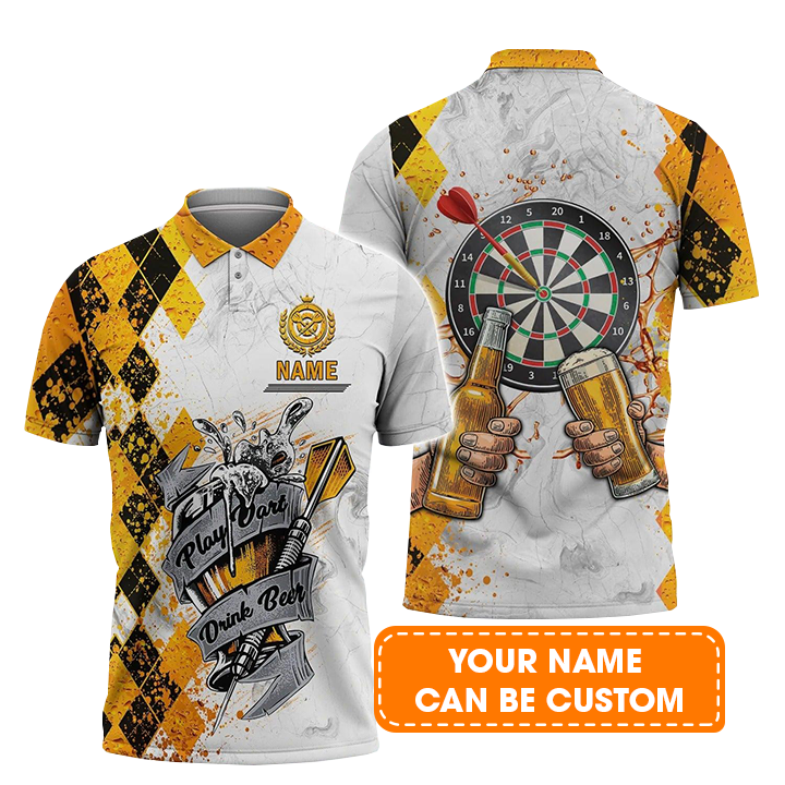 Darts Personalised Men's Long Sleeve Polo Shirt, Play Dart Drink Beer Argyle Pattern Custom Name Long Sleeve Polo Shirt