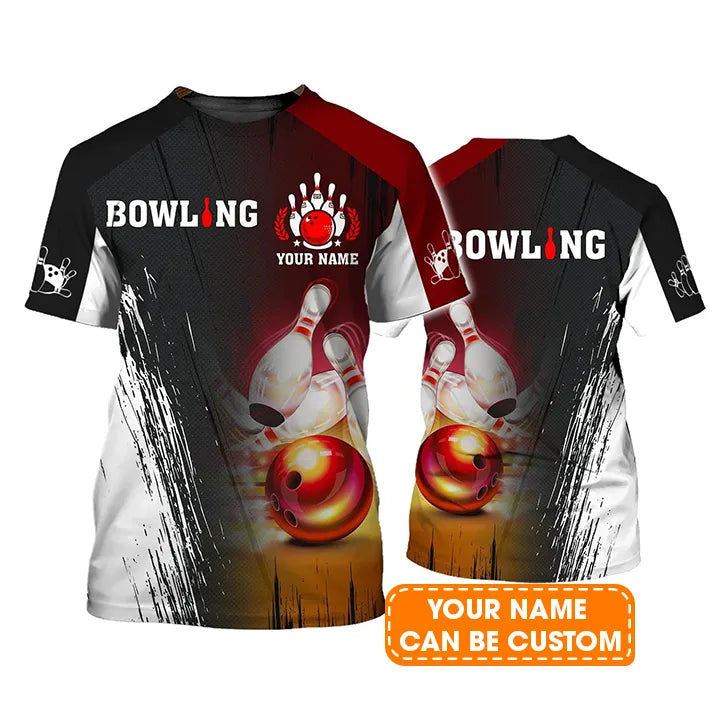Bowling T shirt Custom Name - Red Bowling Ball Crashing Pins Personalized T-shirt - Gift For Friend, Family, Bowling Lovers