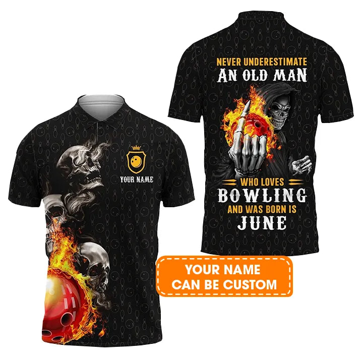 Bowling Men Polo Shirt Custom Name - Bowling Skull Who Loves Bowling And Was Born In June Personalized Polo Shirt For Men - Gift For Bowling Lovers, Friend, Family