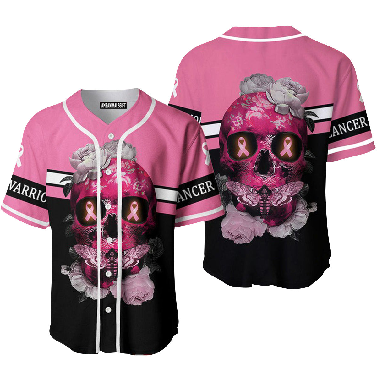 Breast Cancer Warrior Skull Pink Flowers Baseball Jersey, Perfect Outfit For Men And Women On Breast Cancer Survivors Baseball Team Baseball Fans