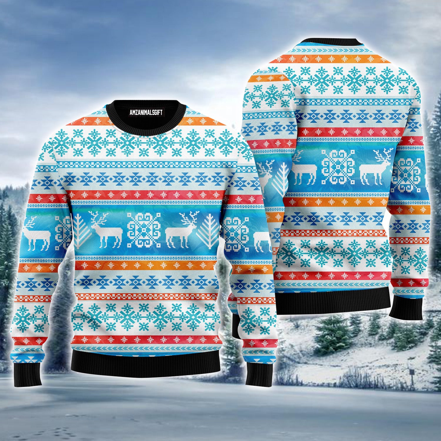 Santa's Reindeer Blue Pattern Ugly Christmas Sweater For Men & Women, Perfect Outfit For Christmas New Year Autumn Winter