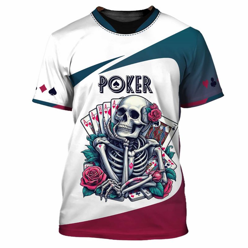 Customized Poker Shirt, Skeleton with Royal Flush & Roses Shirts, Perfect Outfit For Poker Players