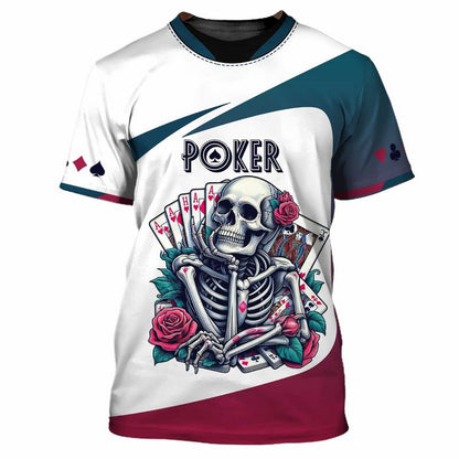 Customized Poker Shirt, Skeleton with Royal Flush & Roses Shirts, Perfect Outfit For Poker Players