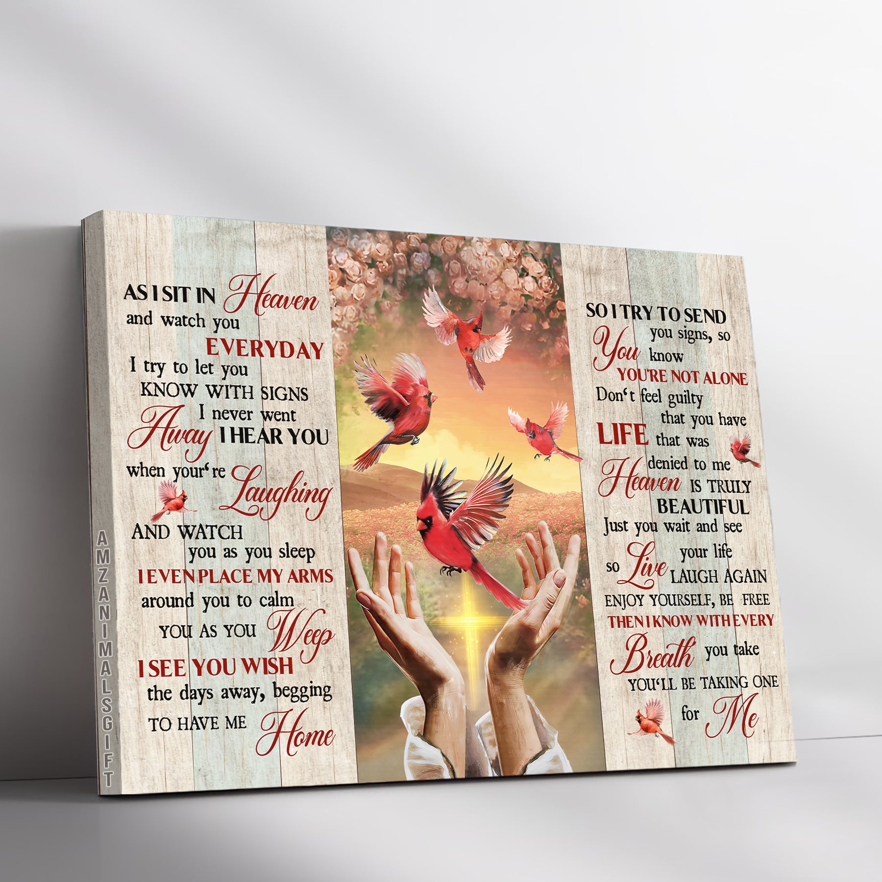 Memorial Premium Wrapped Landscape Canvas - Beautiful Cardinal, Rose Background, Pretty Sunset, As I Sit In Heaven - Perfect Gift For Members Family