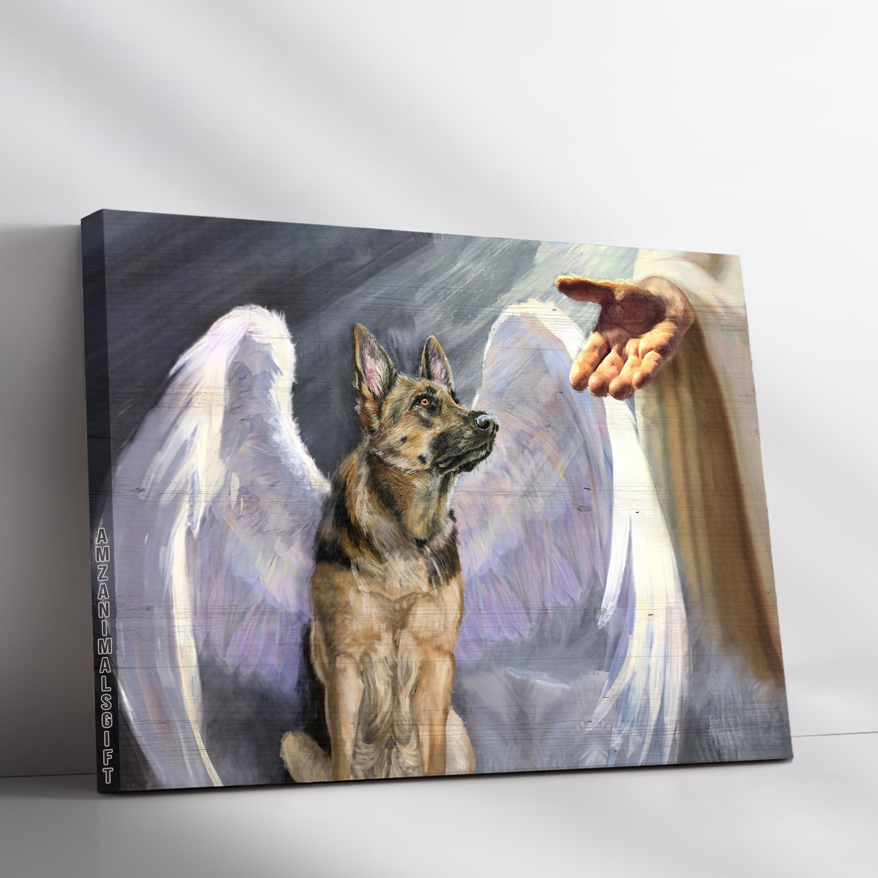 German Shepherd & Jesus Premium Wrapped Landscape Canvas - German Shepherd, Angel Wings, Jesus Hand, Jesus Is Lord - Gift For Christian, Dog Lovers