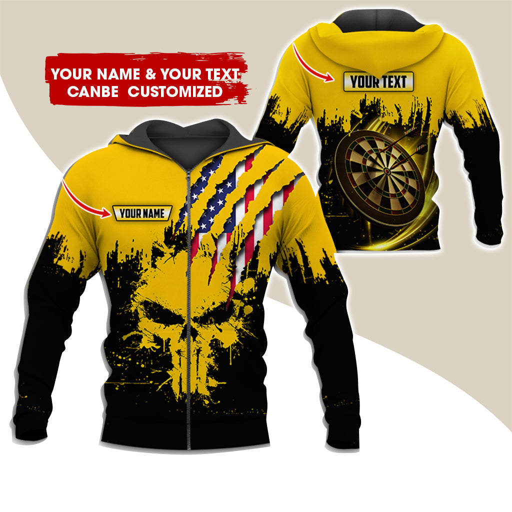 Customized Name & Text Skull Darts Premium Zip Hoodie, Personalized American Flag Zip Hoodie For Men & Women - Gift For Darts Lovers, Darts Players