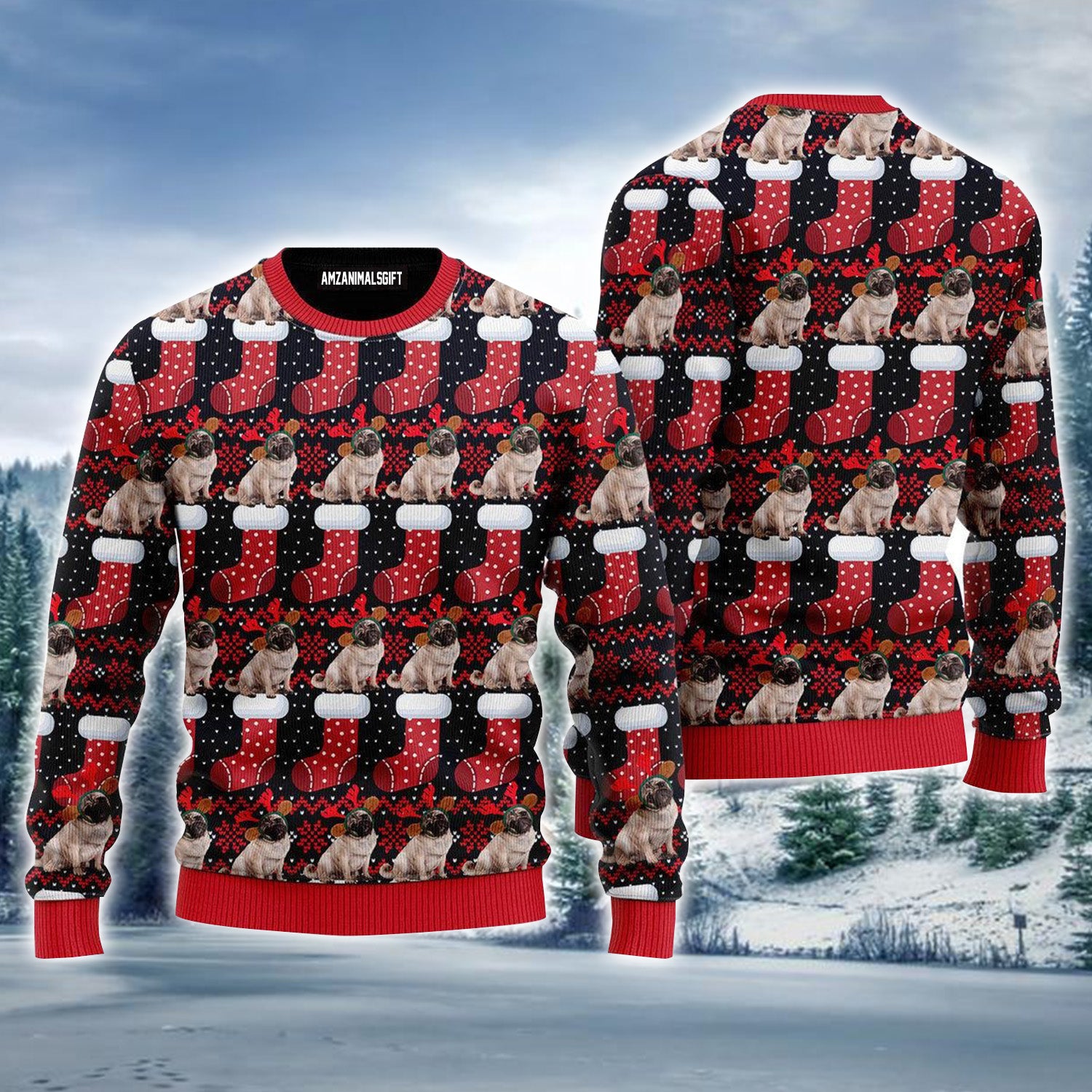 Puppy Dog With Red Xmas Socks Pattern Ugly Sweater For Men & Women, Perfect Outfit For Christmas New Year Autumn Winter