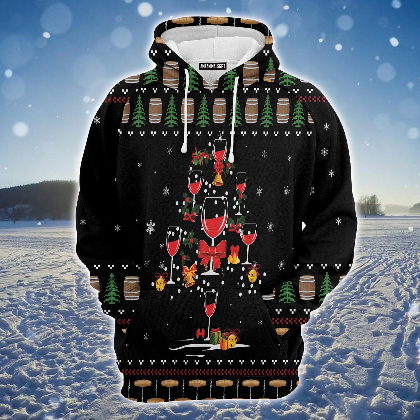 Red Wine Christmas Premium Christmas Hoodie, Christmas Tree Pattern Unisex Hoodie For Men & Women - Perfect Gift For Christmas, Friends, Family