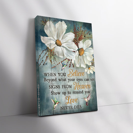 Memorial Premium Wrapped Portrait Canvas - White Daisy Flower, Hummingbird, Love Never Dies - Gift For Members Family