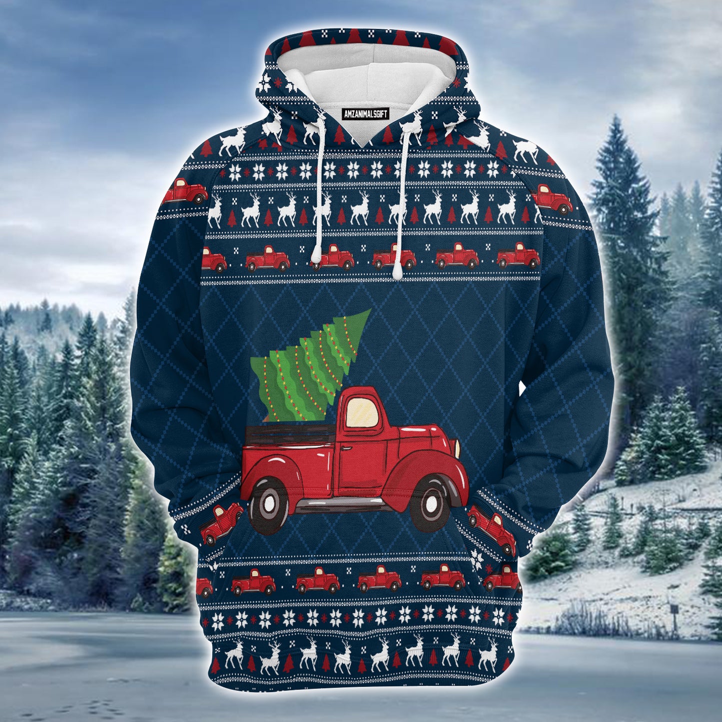 Red Truck Premium Christmas Hoodie, Christmas Tree Pattern Unisex Hoodie For Men & Women - Perfect Gift For Christmas, Friends, Family