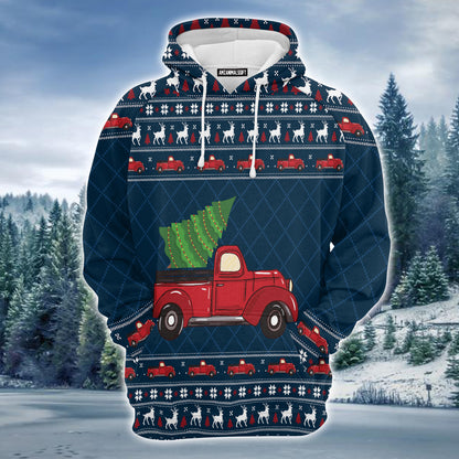 Red Truck Premium Christmas Hoodie, Christmas Tree Pattern Unisex Hoodie For Men & Women - Perfect Gift For Christmas, Friends, Family
