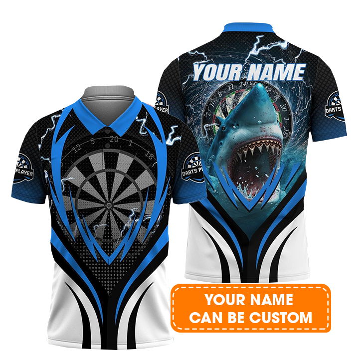 Shark And Darts Custom Name Men Polo Shirt, Bullseye Dartboard Personalized Men Polo Shirt Gift For Darts Lovers, Friend, Team Players