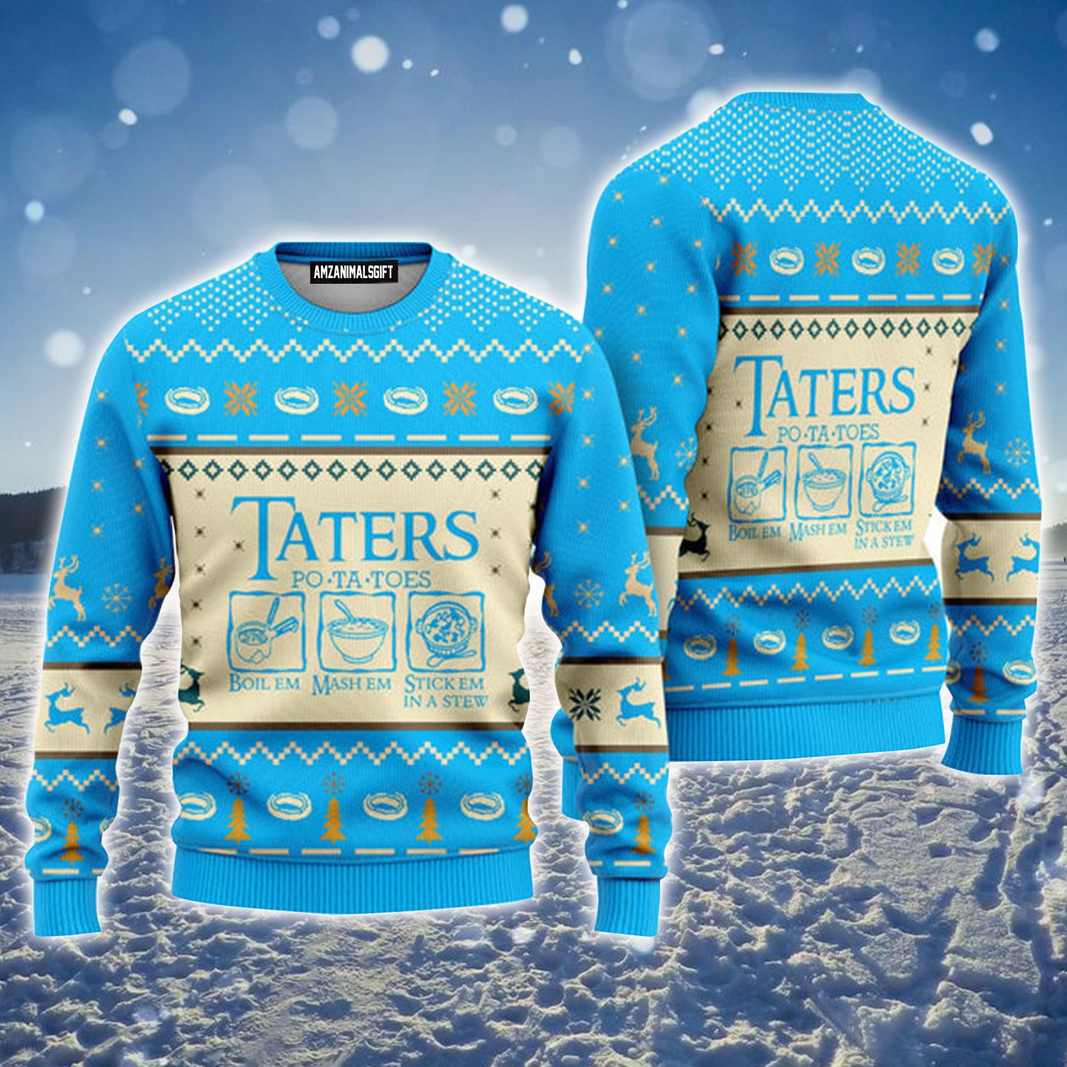 LOTR Potatoes Taters Light Blue Urly Christmas Sweater, Christmas Sweater For Men & Women - Perfect Gift For Christmas, Family, Friends