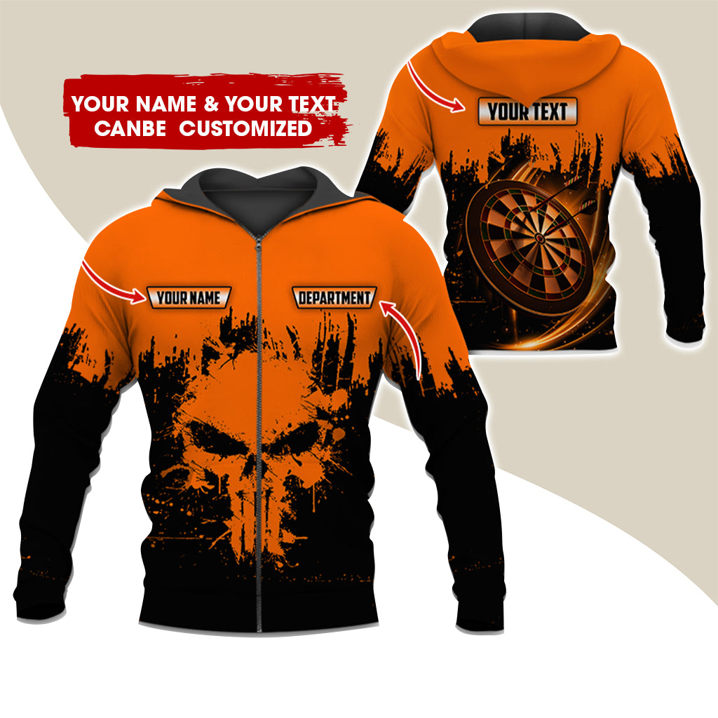 Personalized Name & Text Darts Premium Zip Hoodie, Customized Skull Dartboard Team Zip Hoodie For Men & Women - Gift For Darts Lovers, Darts Players