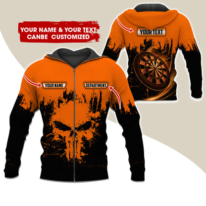 Personalized Name & Text Darts Premium Zip Hoodie, Customized Skull Dartboard Team Zip Hoodie For Men & Women - Gift For Darts Lovers, Darts Players