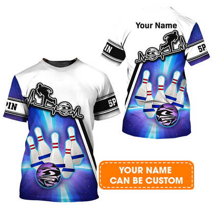 Bowling Custom Name T Shirt, Blue Bowling 5 Pins Personalized Name T-Shirt For Men, Perfect Gift For Bowling Lovers, Bowlers, Team, Friend