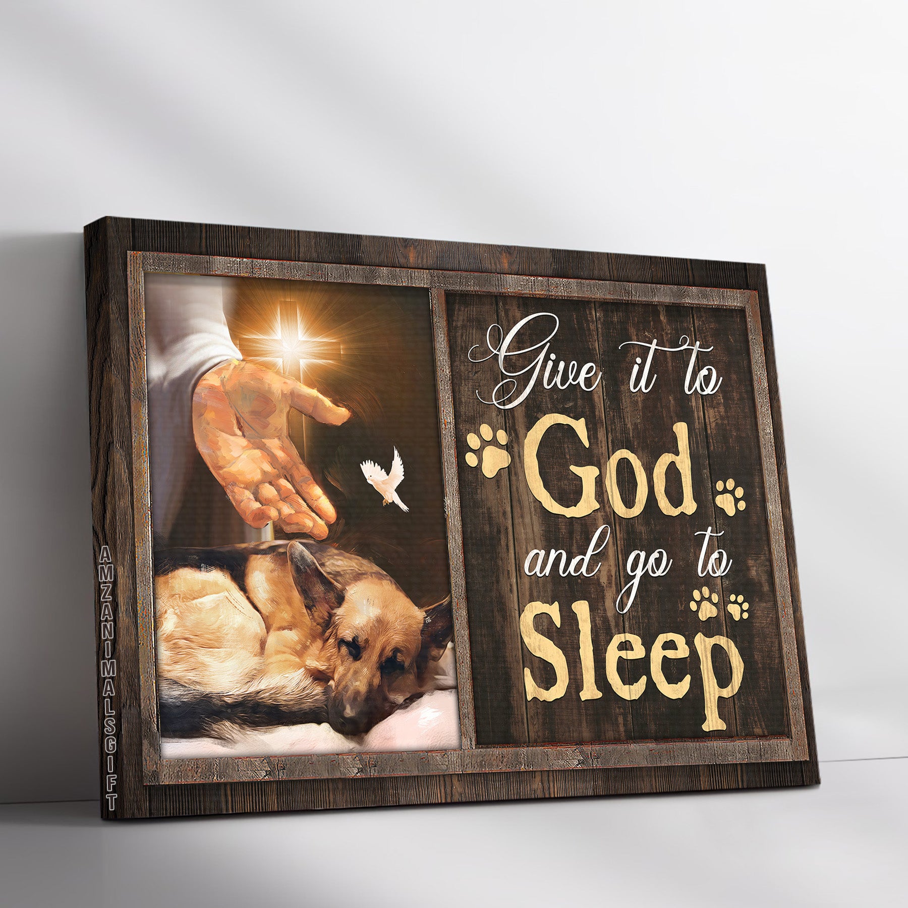 German Shepherd & Jesus Premium Wrapped Landscape Canvas -  Jesus Hand, German Shepherd, Give It To God And Go To Sleep - Gift For Christian
