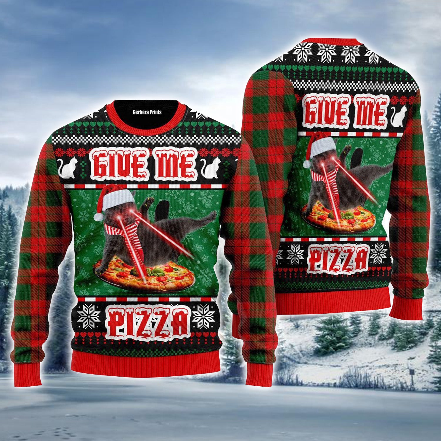 Naughty Pizza Cat With Laser Eyes Give Me Pizza Ugly Sweater For Men & Women, Perfect Outfit For Christmas New Year Autumn Winter