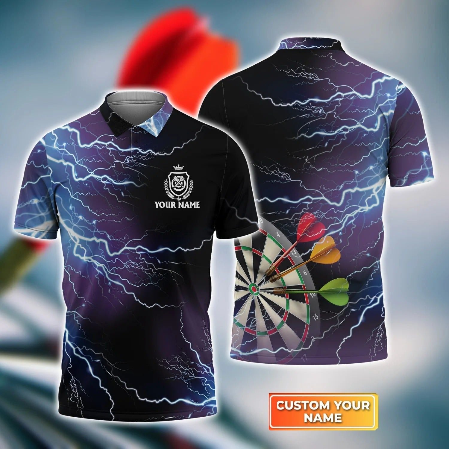 Darts Polo Shirts Personalised, Darts Thunder Lightning, Thunder Background Custom Name Men Polo Shirt- Perfect Gift For Men, Dart Player, Dart Lovers