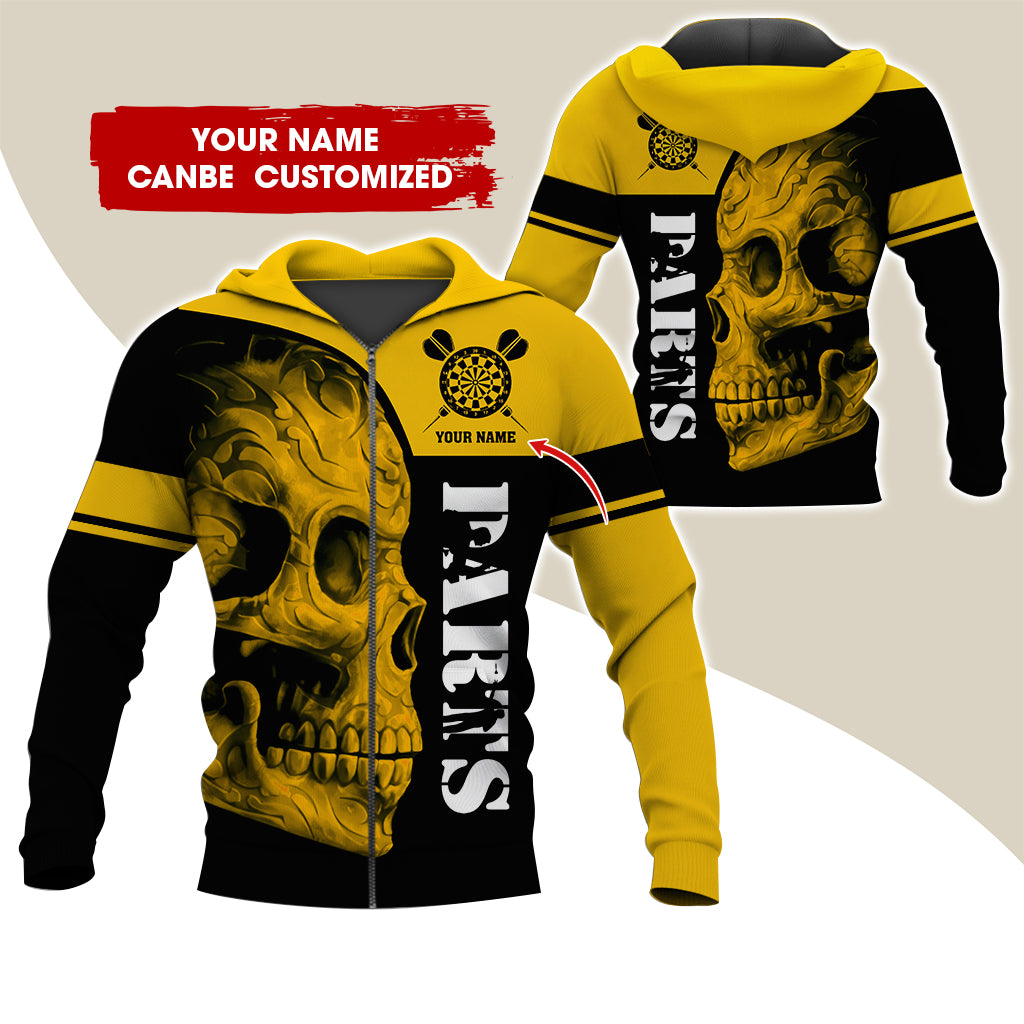 Personalized Name Darts Skull Premium Zip Hoodie, Customized  Darts Team Zip Hoodie For Men & Women - Gift For Darts Lovers, Darts Players