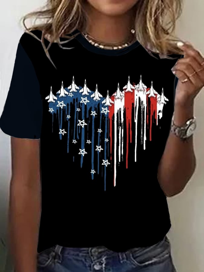 Fighter Jet Heart American 4th of July Women's Flag Patriotic Independence Day Women T-Shirt