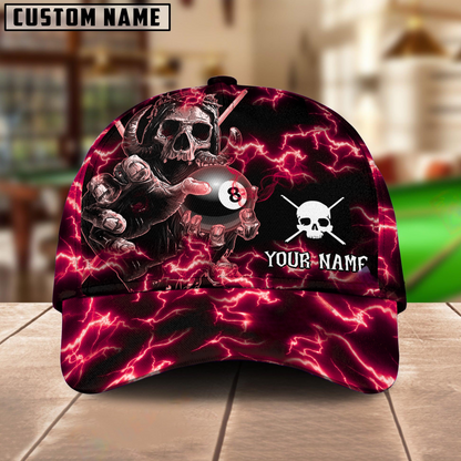 Customized Billiard Cap, Billiard Pool Ball 8 Skull Fire Personalized Name 3D Hats, Best Billiard Pool Hat For Billiard Players (4 Colors)
