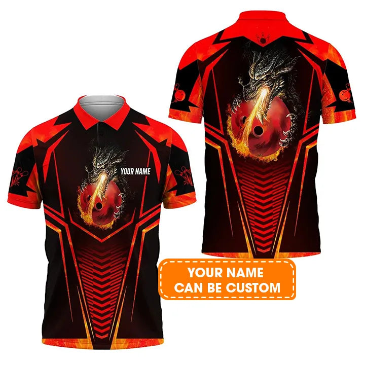 Bowling Custom Men Polo Shirt - Custom Name Dragon Fire Flame Personalized Bowling Polo Shirt - Perfect Gift For Friend, Family