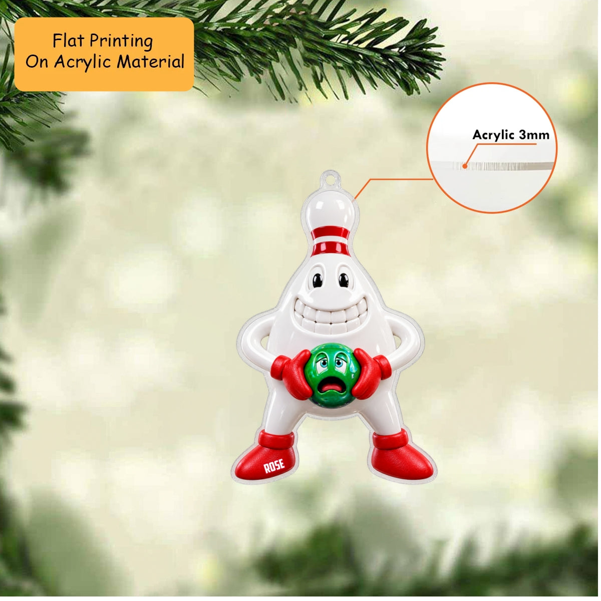 Personalized Bowling Christmas Ornament, Grinning Pin Holding Scared Ball, Custom Ornament Christmas Gift, Keychain Bowling, Car Ornament Bowling