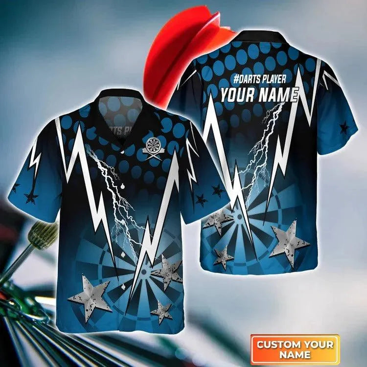 Customized Darts Hawaiian Shirt, Blue Darts Thunder Lightning, Personalized Name Hawaiian Shirt For Men - Perfect Gift For Darts Lovers, Darts Players