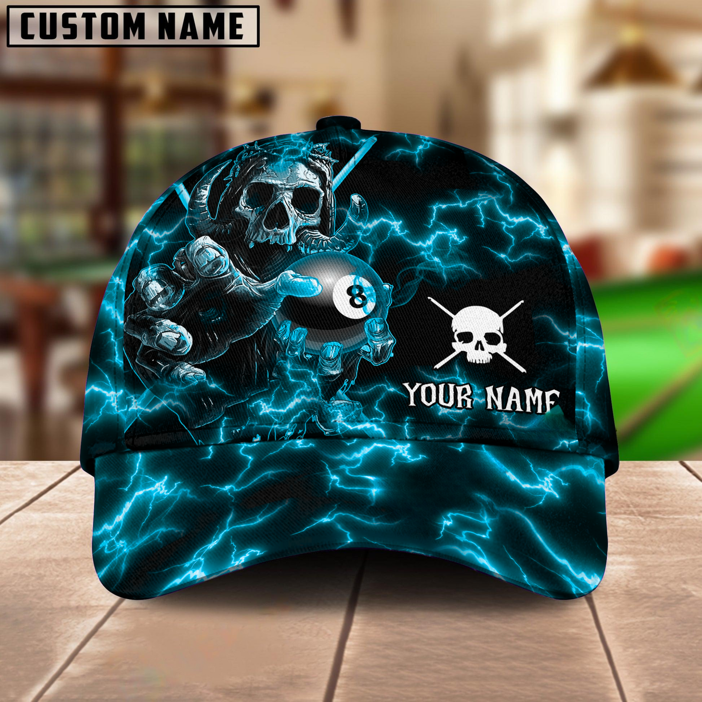 Customized Billiard Cap, Billiard Pool Ball 8 Skull Fire Personalized Name 3D Hats, Best Billiard Pool Hat For Billiard Players (4 Colors)