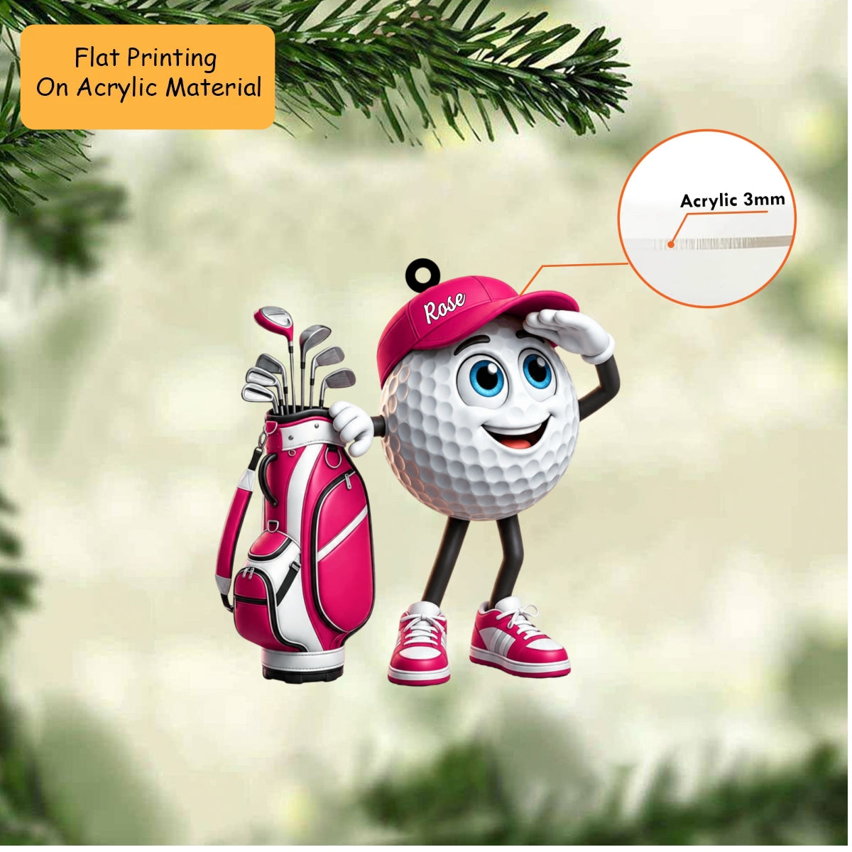 Personalized Golf Christmas Ornament, Cute Golf Ball Mascot, Custom Ornament Christmas Gift, Keychain Golf, Car Ornament Golf