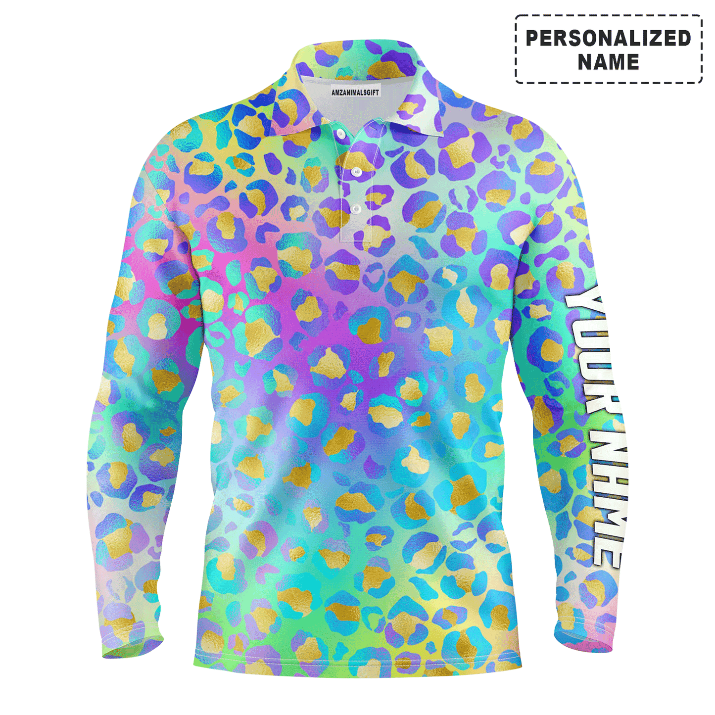 Custom Golf Long Sleeve Men Polo Shirt - Custom Name Multicolor Neon Leopard Pattern Apparel Men Polo Shirt - Personalized Gift For Men, Golf Lover